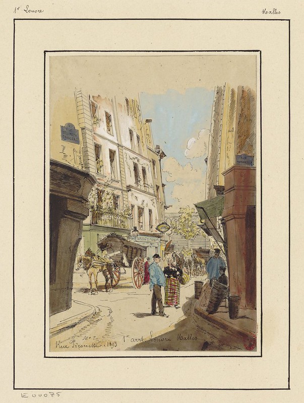 watercolour & pen sketch of 19th century Paris street scene: people & buildings