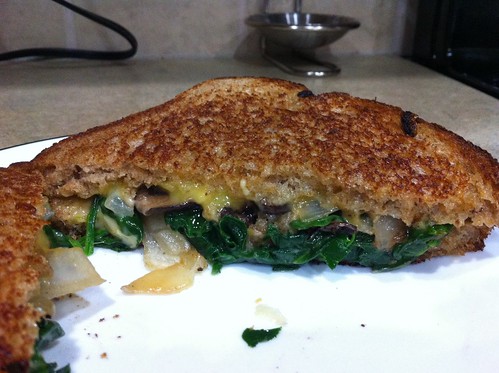 Spinach, mushroom, and caramelized onion grilled cheese