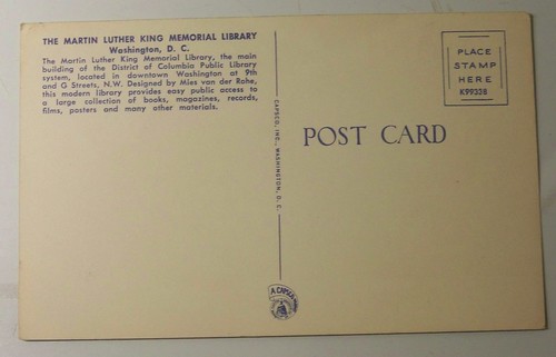 The back side of a postcard for the DC Central Library, the Martin LUther King Jr. memorial Library