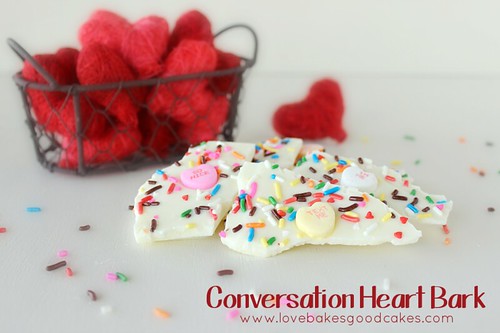 Conversation Heart Bark close up with rainbow sprinkles.