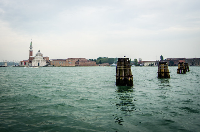 A misty view across the Venetian lagoon to San Giorgio Maggiore.