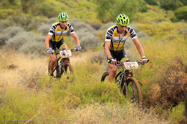 ROBERTSON 24 MARCH 2014 - Jose Hermida & Rudi Van Houts during stage 1 of the 2014 Absa Cape Epic Mountain Bike stage race held from Arabella Wines in Robertson, South Africa on the 24 March 2014..Photo by Gary Perkin/Cape Epic/SPORTZPICS