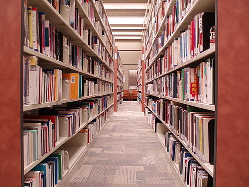 Photo of book stacks in a library