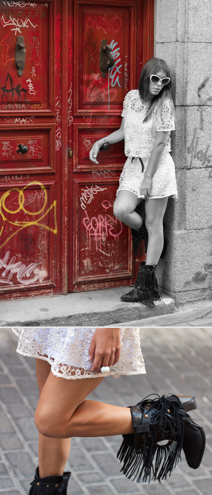street style barbara crespo sheinside crochet dress sendra fringes boots outfit