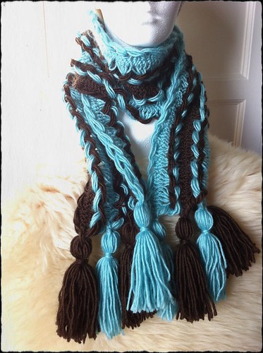 Hairpin Lace Crochet Scarf with Tassels in Robin Egg Blue and Espresso by Beatrixknits