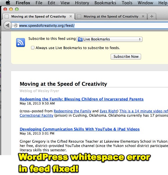 WordPress whitespace error in feed fixed!