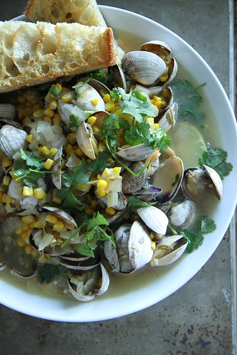 Mexican Beer Steamed Clams with Corn, Jalapeno and Cilantro