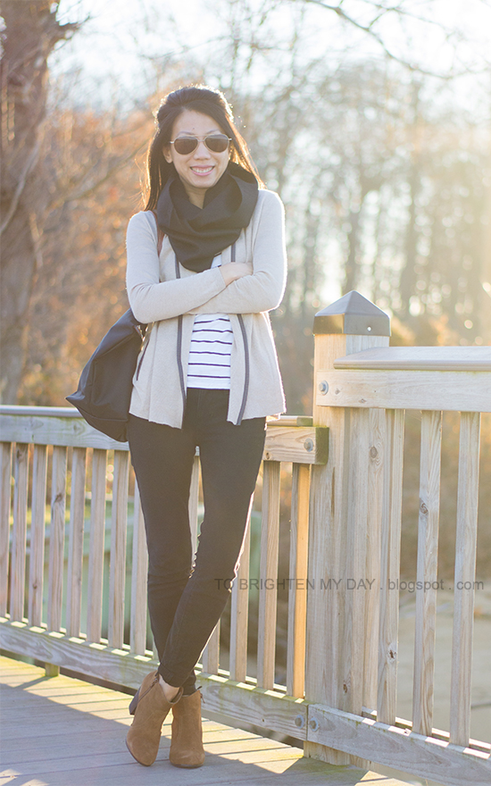 infinity scarf, open cardigan, striped top, brown suede ankle boots