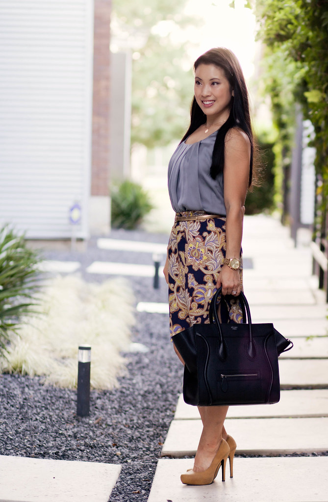 dusty blue tank, paisley skirt, yellow pumps, celine luggage tote