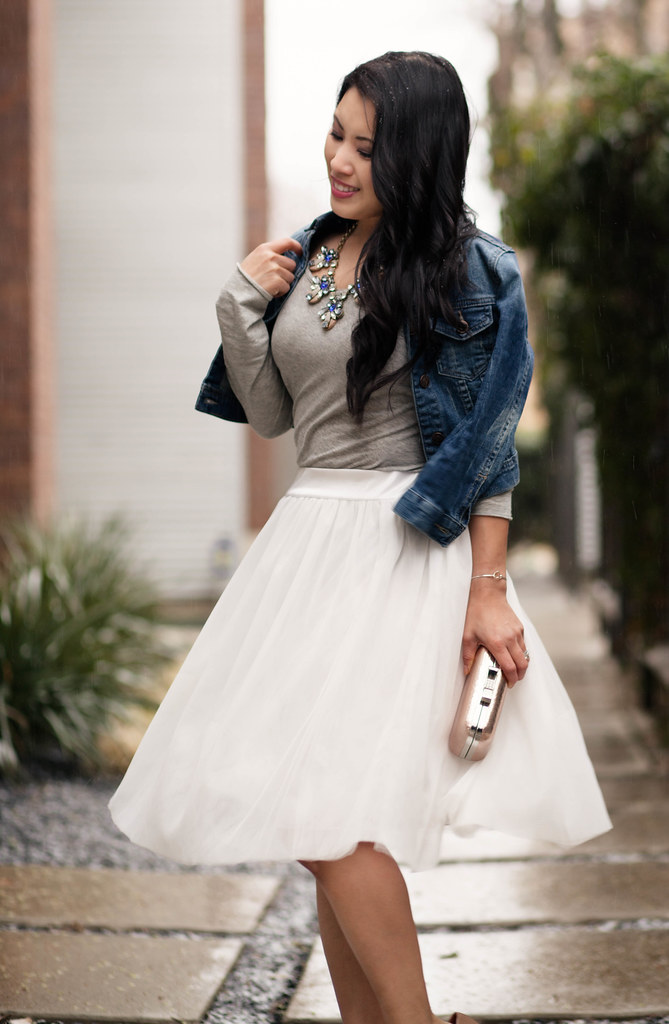cute & little blog | denim jacket, gray shirt, white dresslily tulle skirt outfit