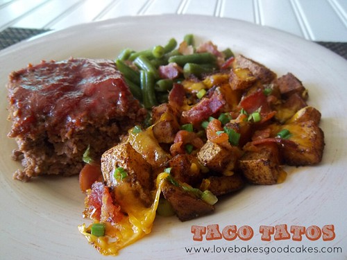 Taco Tatos with meatloaf and green beans on plate.