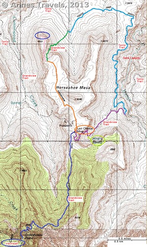 Map of the Horseshoe Mesa Loop (Grandview Trail, Tonto Trail, East Horseshoe Mesa Trail), Grand Canyon National Park, Arizona