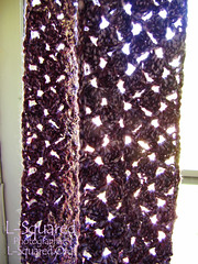 Scarf held up to a window with the light filtering through the stitch work to better show the asymmetrical shell stitch design.