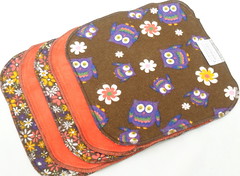 Cotton Velour and Flannel Cloth Wipes<br>Set of 5 8"<br><b>Purple Owls and Flowers</b>