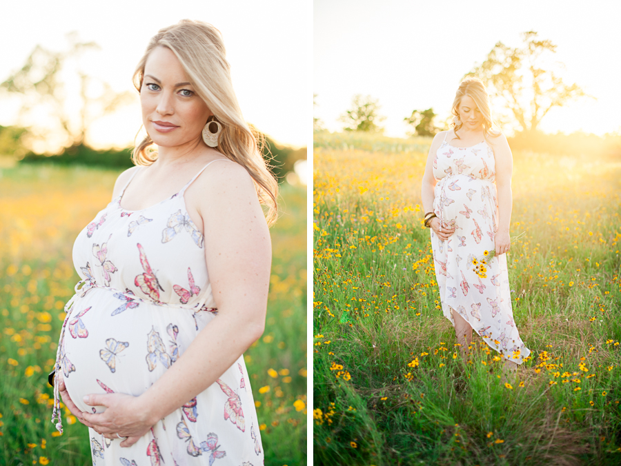 outdoor maternity photos in dallas with yellow wildflowers