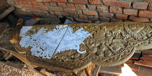 Wood carving for a lama's throne in progress, paper cartoon over wood, Zephr, Boudha, Kathmandu, Nepal by Wonderlane