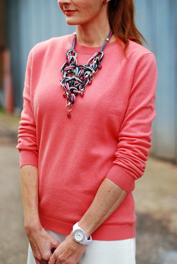 Coral sweater & statement necklace