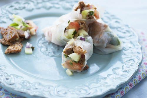 pork tomato salsa and minted cucumber rice wrap rolls