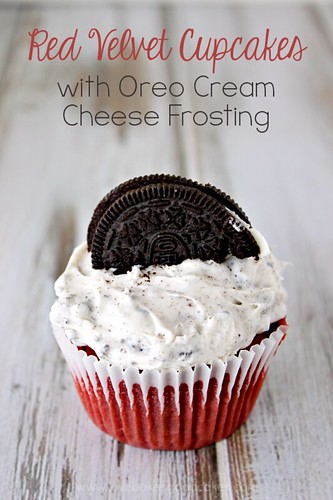 Red Velvet Cupcakes with OREO Cream Cheese Frosting and an OREO cookie.