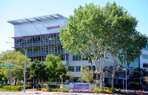 Yahoo! Headquarters, purple logo sign, purple flowers and trim, trees, Sunnyvale, Silicon Valley, California, USA by Wonderlane