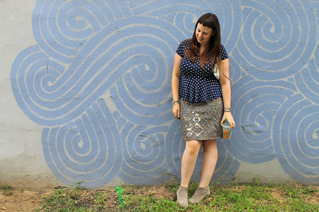 Remix Outfit: Anthropologie sequined wool pencil skirt, navy and white polkadot peplum tee, basket-weave purse, suede ankle boots, Anthropologie floral blazer