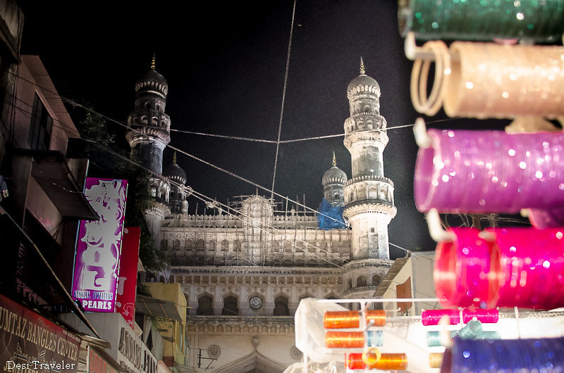 Charminar as seen from lad bazar night market ramazan
