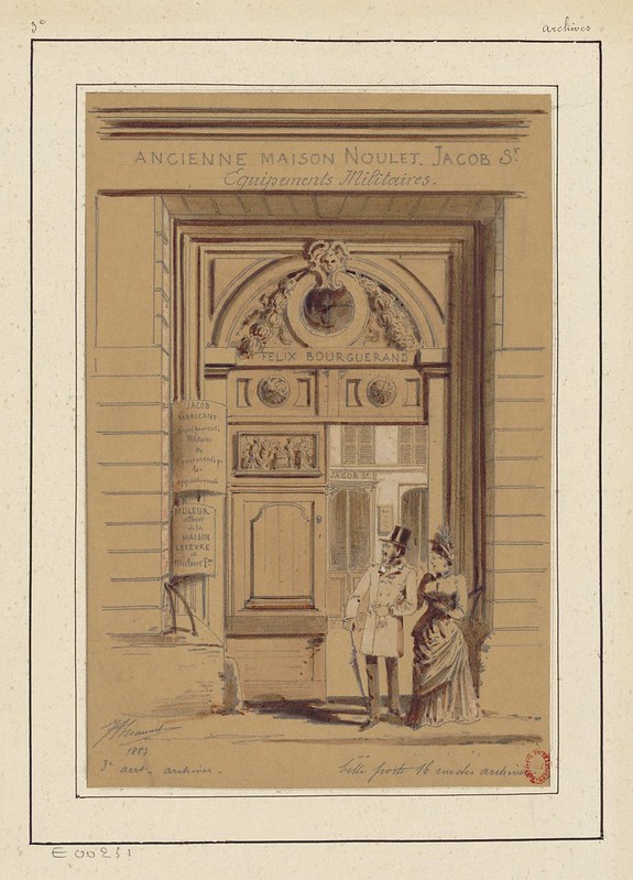 watercolour sketch of 19th century Paris urban scene - grand double doors of military shop