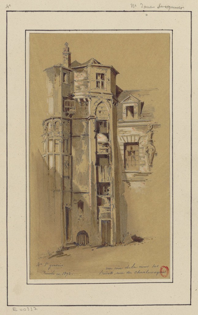 crayon architectural sketch of urban Paris in 1890s