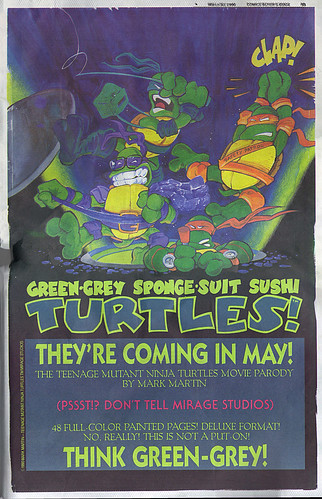 GREEN-GREY SPOONGE-SUIT SUSHI TURTLES :: "THEY'RE COMING IN MAY!"  (( 1990 ))