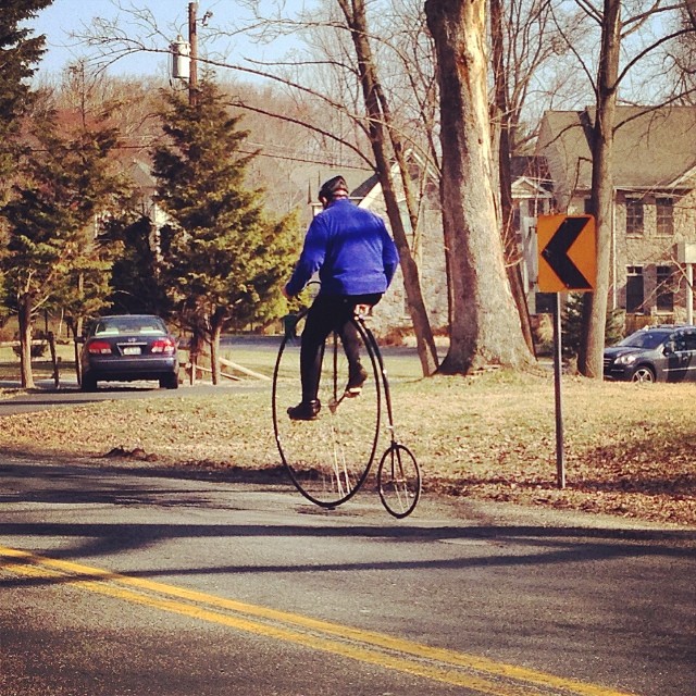 Penny Farthing Man at on MacArthur Boulevard in Great Falls, MD.