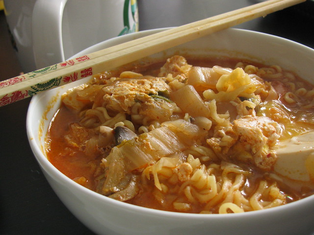 Soft tofu stew with noodles