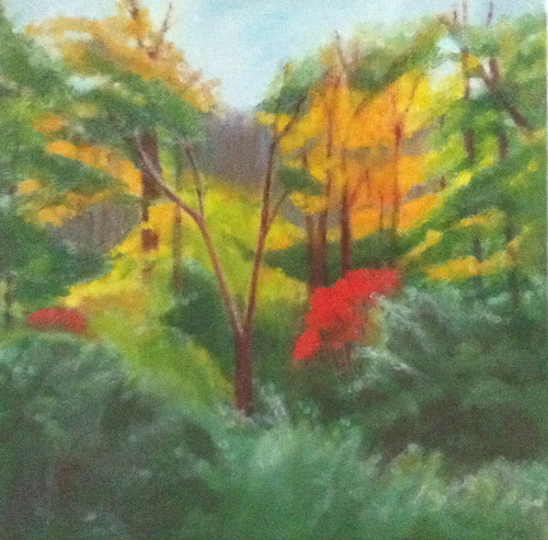 Red Leaves in the Woods (Oil Bar Painting as of June 7, 2013) by randubnick
