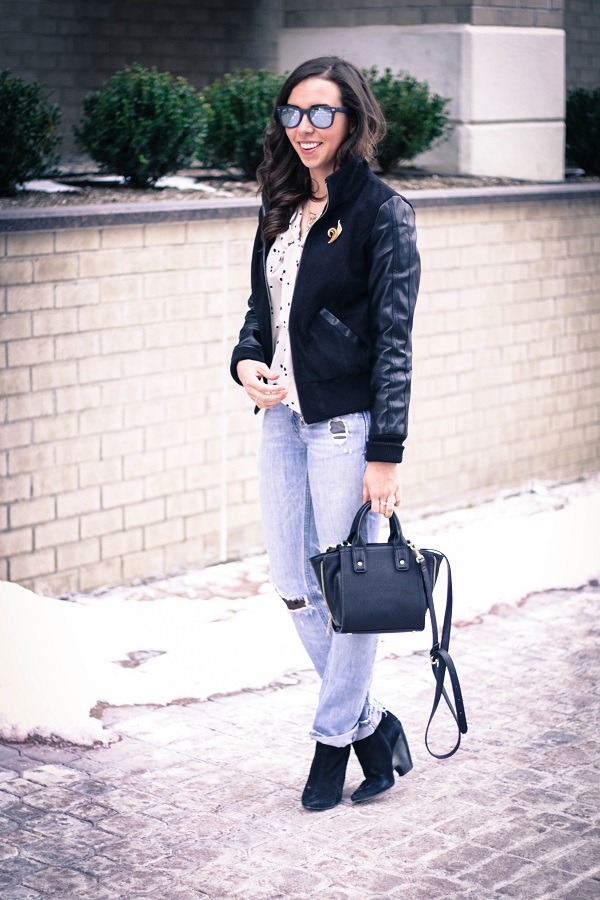 va darling. dc fashion blogger. virginia fashion blogger. faux leather sleeve bomber jacket. destroyed denim. polka dot tights. reflective ray-ban sunglasses. cold casual outfit. 6