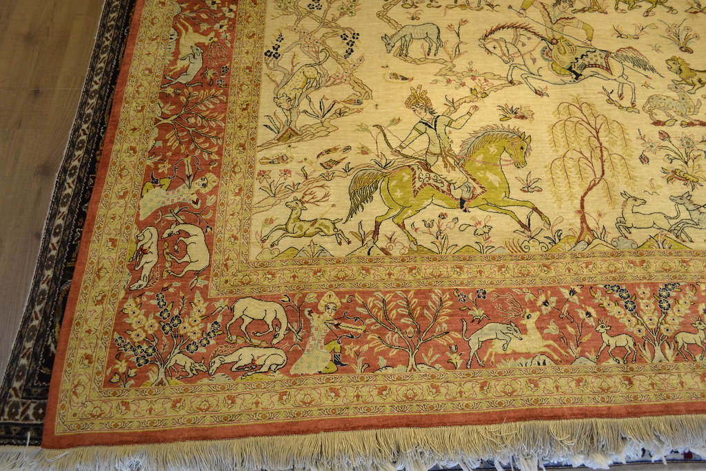 Qum Silk Hunting Scene Persian Rug