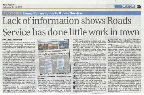 3rd July Down Recorder gives Cllr Enright a platform to call out Roads Service 