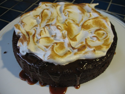 Chocolate cake with caramel sauce and Vanilla bean meringue
