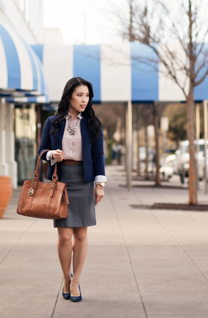 cute & little blog | navy blazer, everlane point collar silk blouse dusk, gray pencil skirt, navy suede pumps, pearl cluster statement necklace outfit