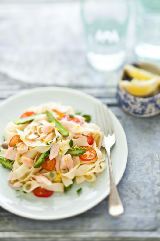 Linguine With Salmon, Asparagus and Cherry Tomatoes
