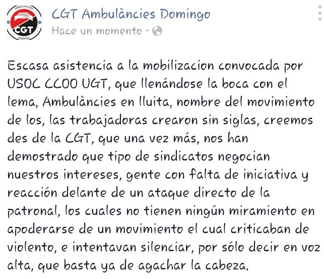comunicat cgt domingo : CGT denuncia intent de patrimonialitzar-se mobilització Ambulàncies en lluita, amb manifestació convocada per USOC-CCOO-UGT