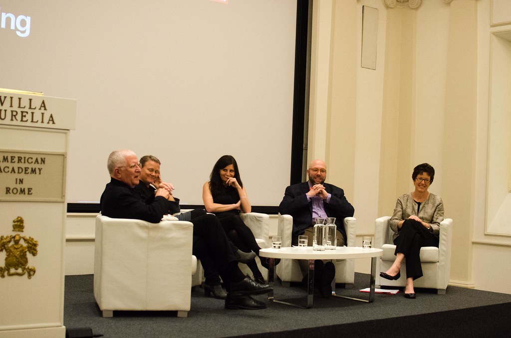 The "Reading Buildings, Building Texts" talk at the American Academy concluded with a discussion between Don Randel, Kimberly Bowes, Verity Platt, Thomas Campanella, and Gretchen Ritter.

photo / Maddy Eggers (B.Arch. '19)