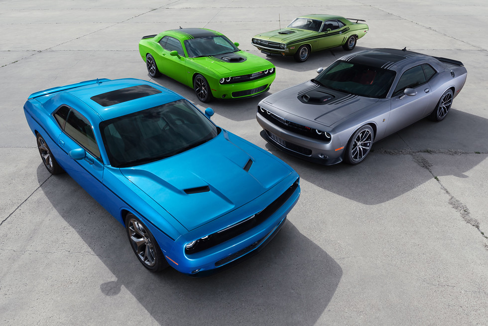 From Front to back: 2015 Dodge Challenger SXT, 2015 Challenger 392 HEMI® Scat Pack Shaker and 2015 Challenger R/T Shaker pictured with 1971 Dodge Challenger R/T Shaker
