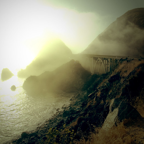 california ca bridge flowers cliff mist fog square geotagged bigsur rocky highway1 intothesun pacificcoasthighway bigcreekbridge