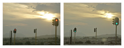 road sunset red summer sun hot green car silhouette southafrica drive trafficlight haze waiting traffic ying go snapshot capetown robots stop yang inthecar roadsign worldcup beforeandafter afrikaans durbanville 2010 soccerworldcup urbanville worldcup2010 fifa2010