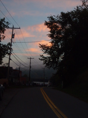 road travel pink blue houses sunset sky west fog clouds sunrise drive virginia neighborhood powerlines wv