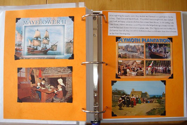 Pilgrims notebook page with postcards