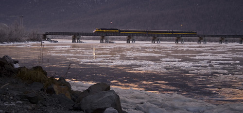 bridge ice train sunrise arr locomotive iceflow alaskarailroad knikriver