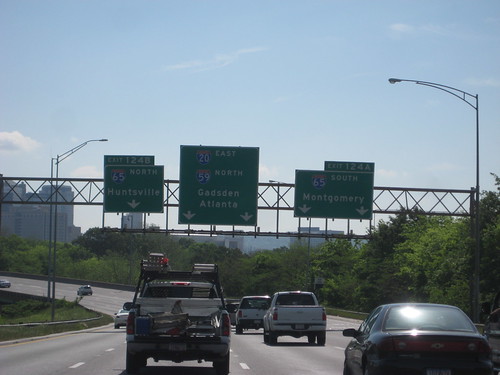 blue sky signs green cars buildings drive birmingham downtown tour view traffic metro alabama cities east clear busy freeway vista multiple interstate exit 20 choices twenty lanes decisions eastward sightsee
