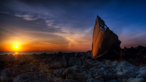 ocean sunset sun clouds geotagged boat stavanger nikon rocks colorful ship rusty lensflare wreck hdr jæren d300 7xp