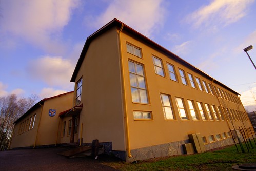 school windows sunset sky distortion reflection building yellow architecture clouds finland geotagged evening surreal wideangle hdr smalltown rainpipe mäntsälä tonemapped tonemap 3exp
