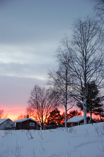 trees snow buildings sweden sunsets places villages juoksengi